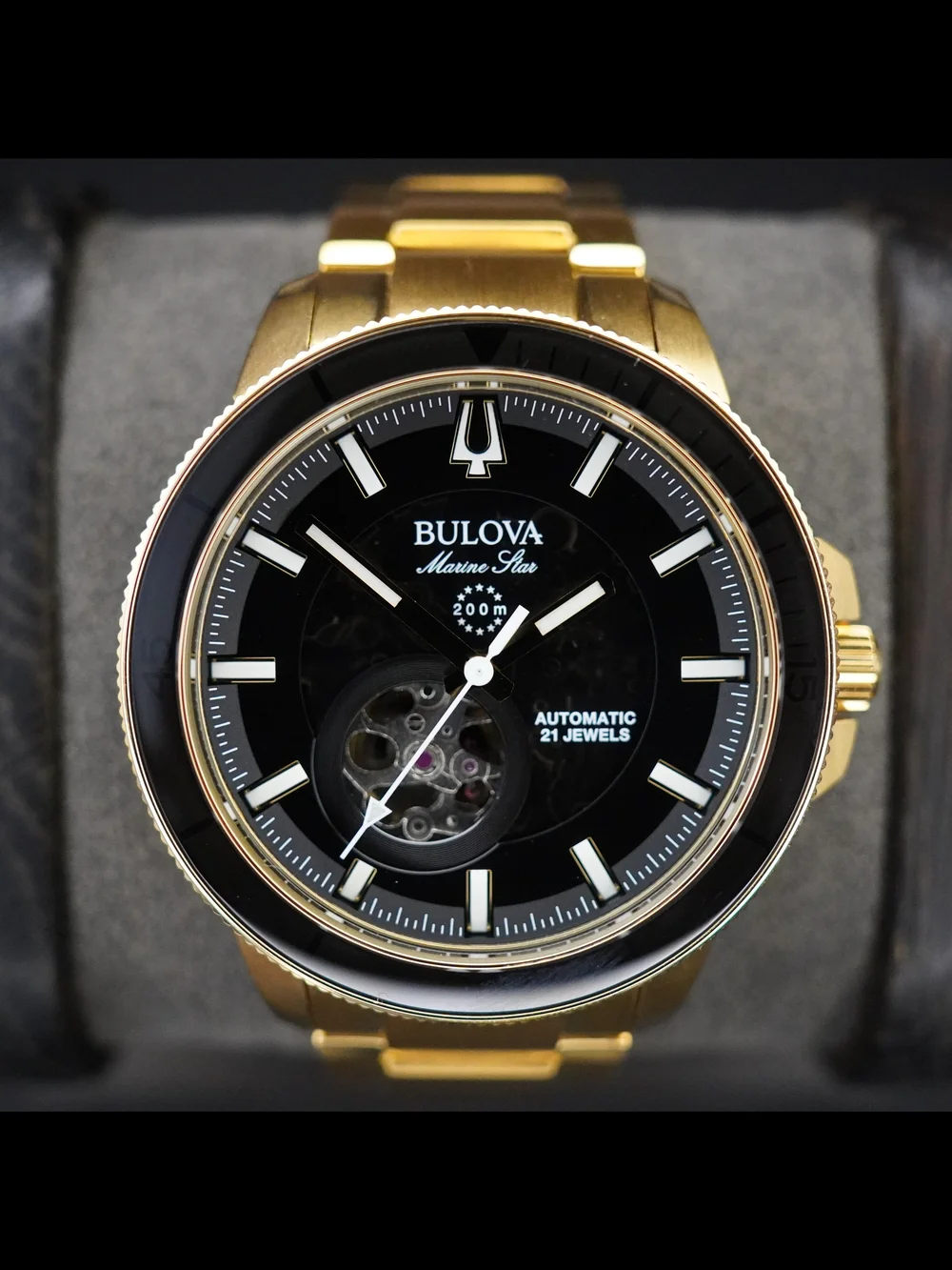 Bulova Marine Star Automatic Black Dial 200M Gold Tone Men's Watch 97A174